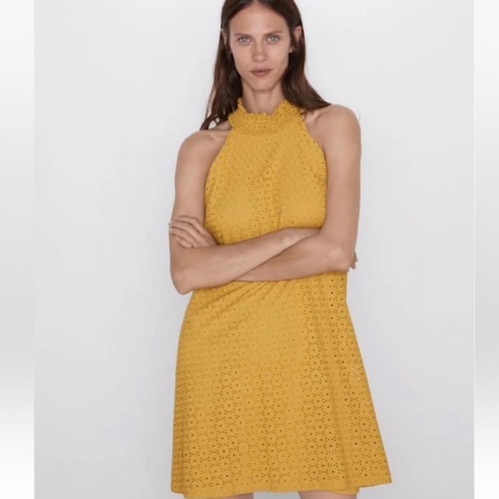 Zara Mustard Yellow Eyelet Halter Mini Dress